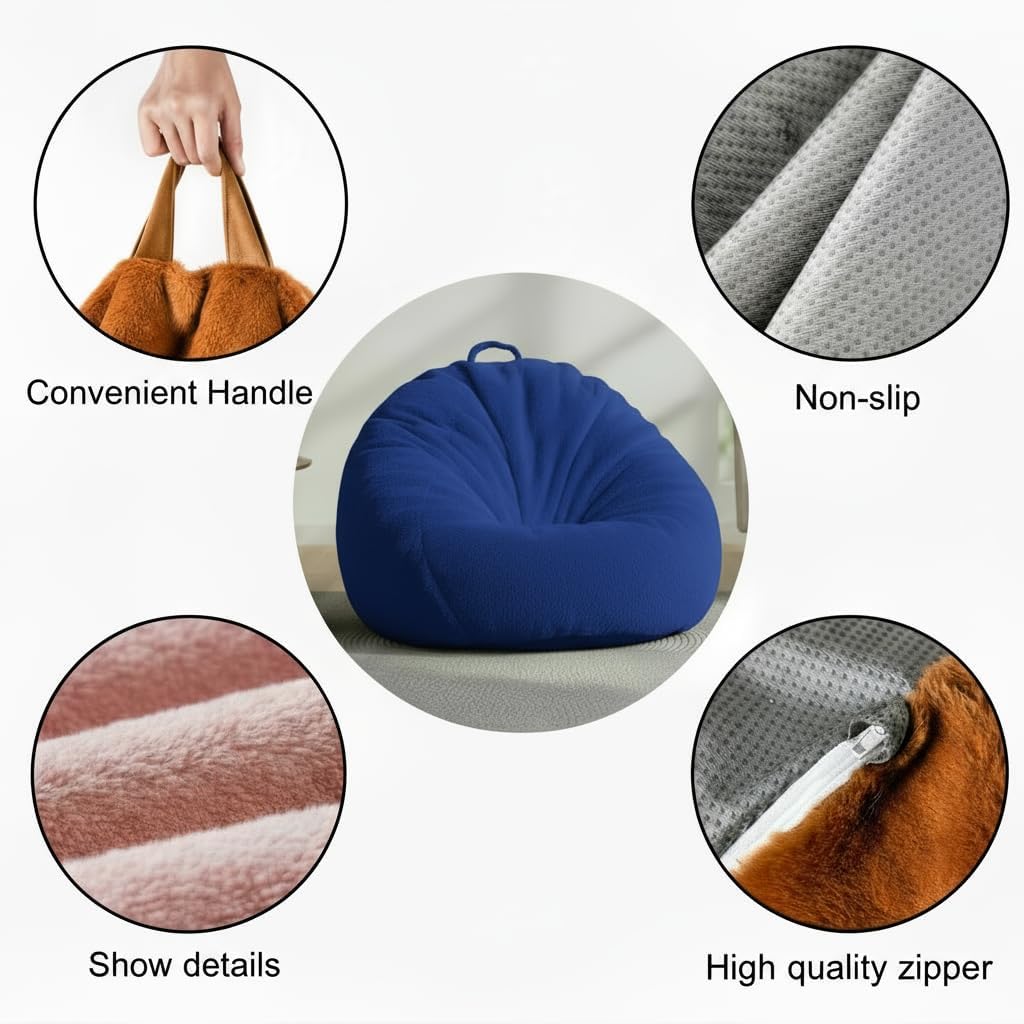 Faux Rabbit Fur Bean Bag Chair Cover Only (No Filler), Stuffed Animal Storage Bean Bag Cover, Ultra‑Soft, Washable, Zippered, Non‑Slip Bottom, Handle,Living Room Furniture for Adults Blue