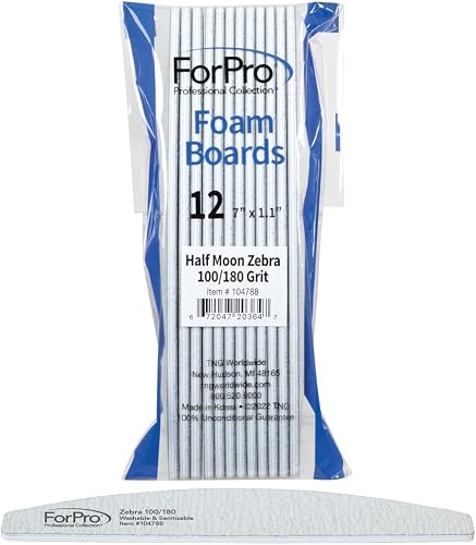 ForPro Professional Collection Half Moon Foam Boards, Zebra, 100/180 Grit, Double-Sided Manicure and Pedicure Nail Files, 7” L x 1.1” W, 12-Count