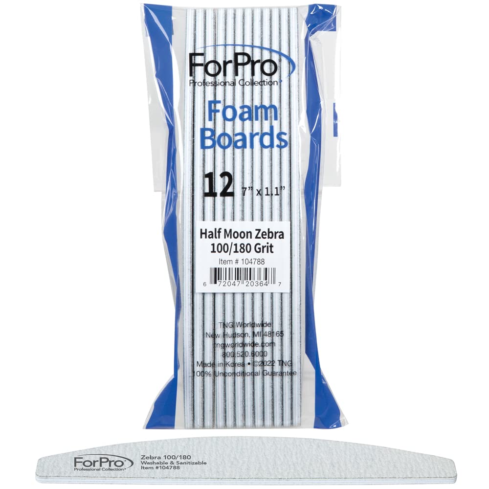 ForPro Professional Collection Tableros de espuma Half Moon, cebra, grano 100180, limas de uñas de manicura y pedicura de doble cara, 7 pulgadas de