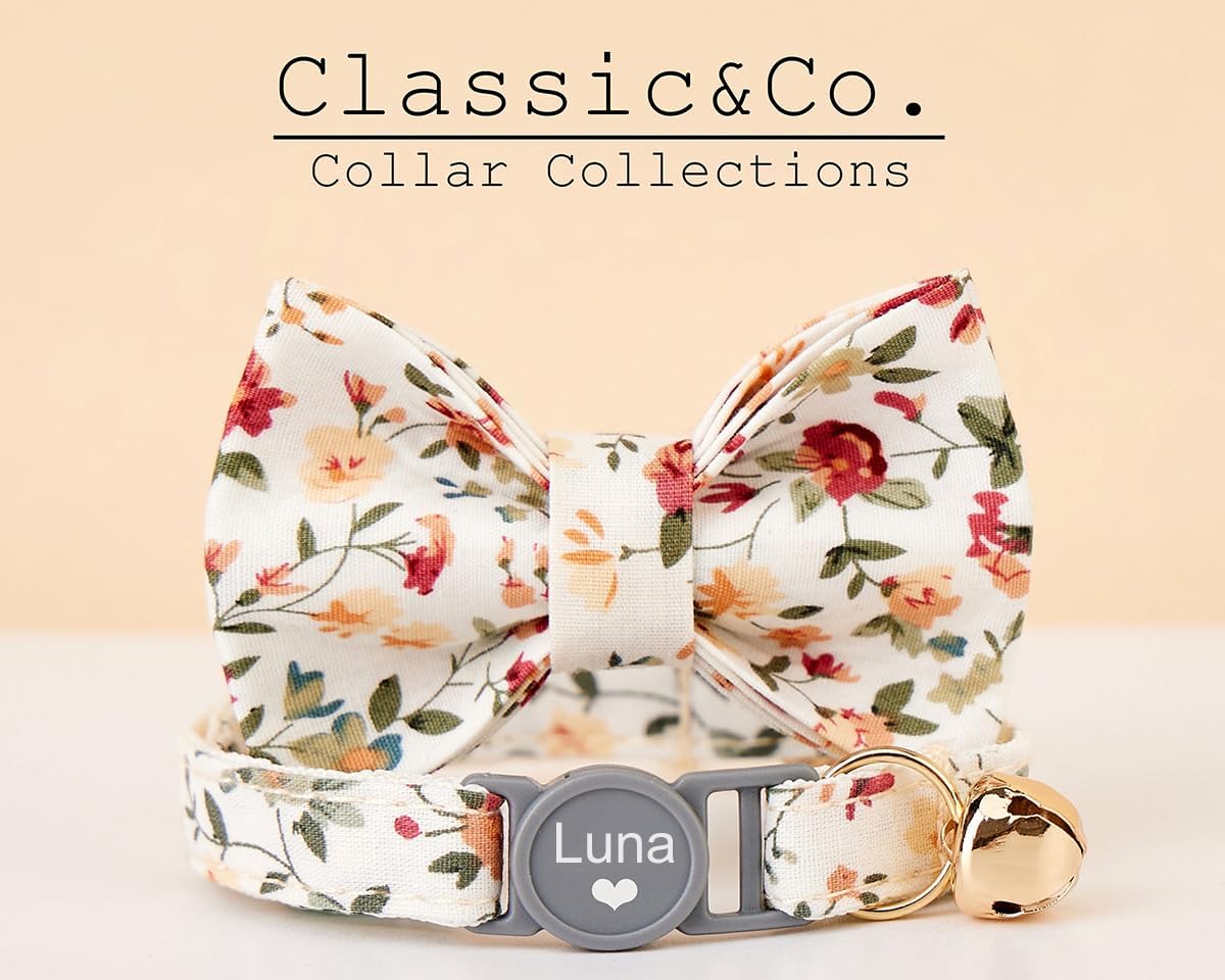 Personalized Breakaway Cat Collar with Name Engraved, Quick Release Kitten Collar, Soft, Adjustable (Floral)