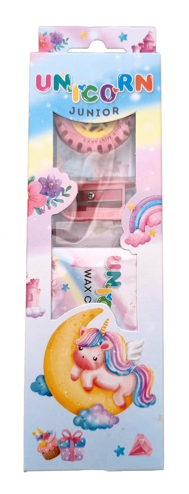 Junior Stationery Kit Combo of 5 Kits| Each Kit Includes 1 Wax Crayons Pack, 2 Extra Dark Wooden Pencils, 1 Eraser & 1 Long Point Pencil Sharpener| A Birthday Gift For Children, Unicorn-image-35