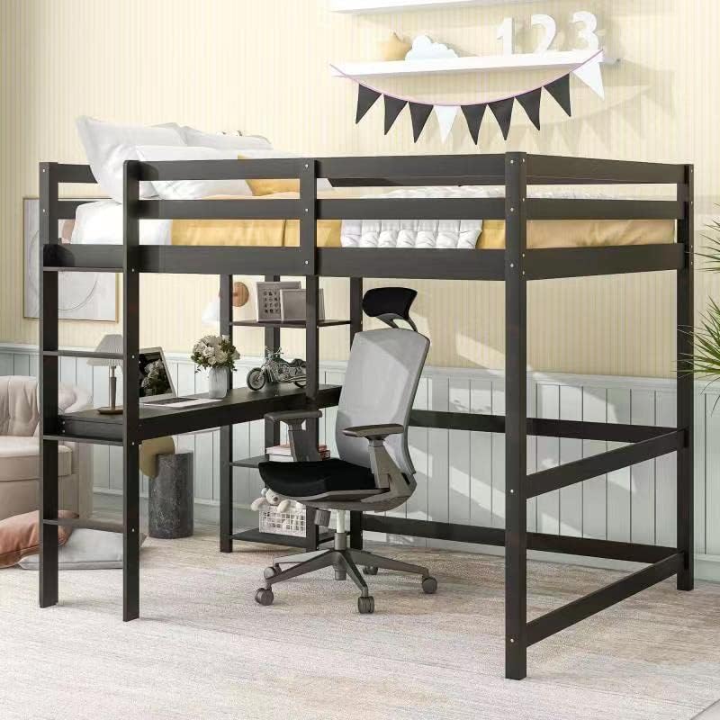 Aoowow Full Size Loft Bed with Desk, Wood Loft Bed Frame with Storage Shelves, Guardrail and Ladder, High Loft Bed with Desk and Bookcase for Kids, Teens, No Spring Box Needed (Espresso)
