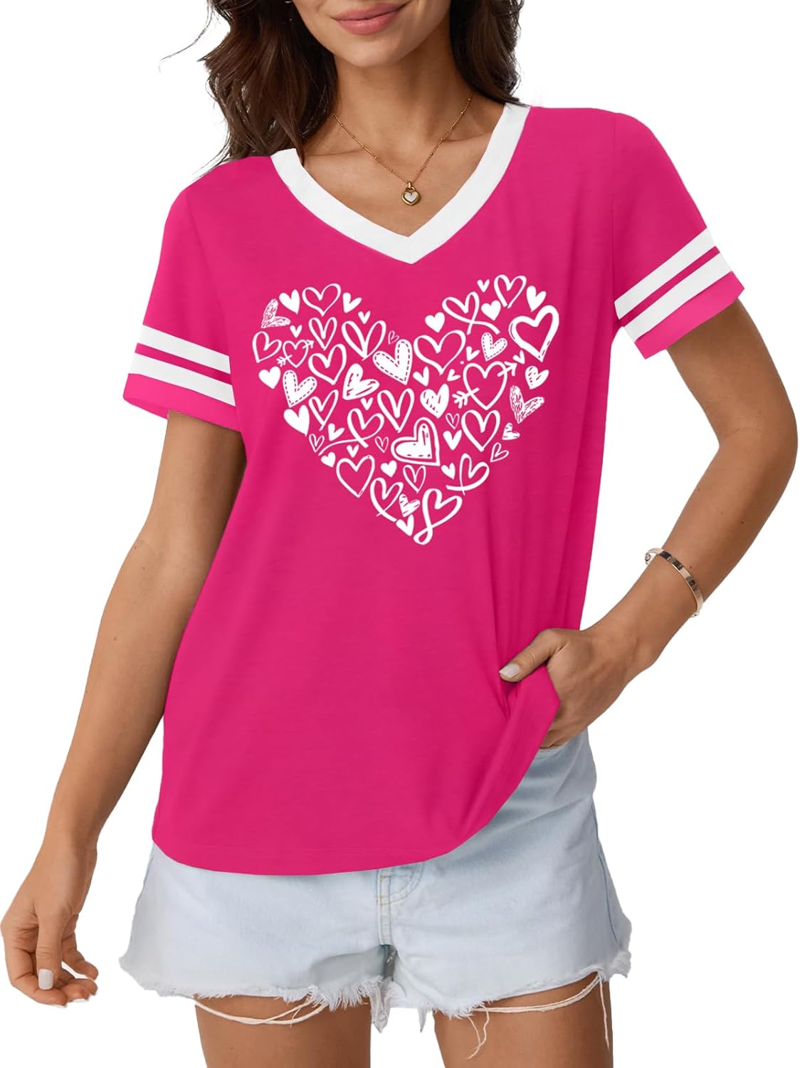 Valentines Shirts for Women Cute Heart T Shirt V Neck Valentines Day Shirts Valentine Short Sleeve Tops - Image 2