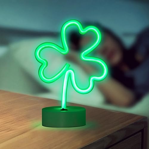 Miniatura 3 de ENUOLI Luces de Letreros LED de Neón con Forma de Trébol Verde, Luz Nocturna de Neón Alimentada por USB y Batería, Lámpara Nocturna, Mejores Luces