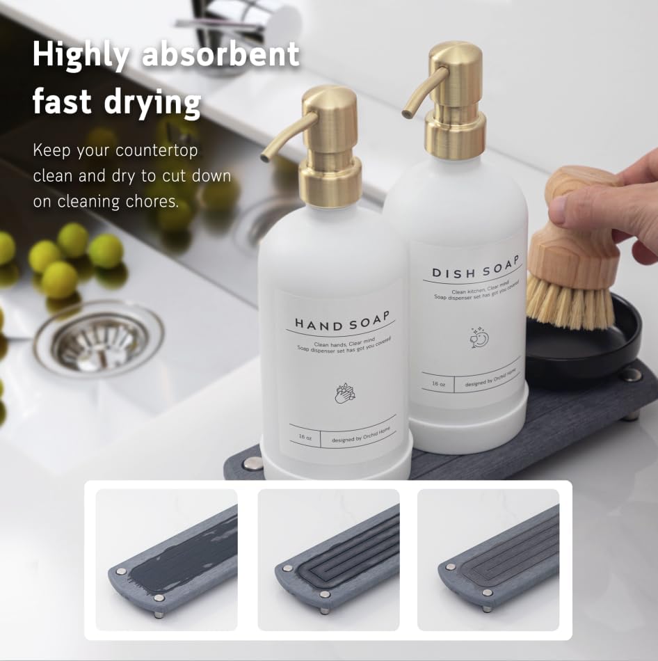 [Luxury] Kitchen Soap Dispenser Set - 16OZ Amber Glass Bottle, Stainless Steel Pump, Instant Dry Tray, Waterproof Labels, Non-Slip Silicone Pad, and Dish Brush | Upgrade for Your Kitchen and Bathroom(White Bottle + Gold Pump)