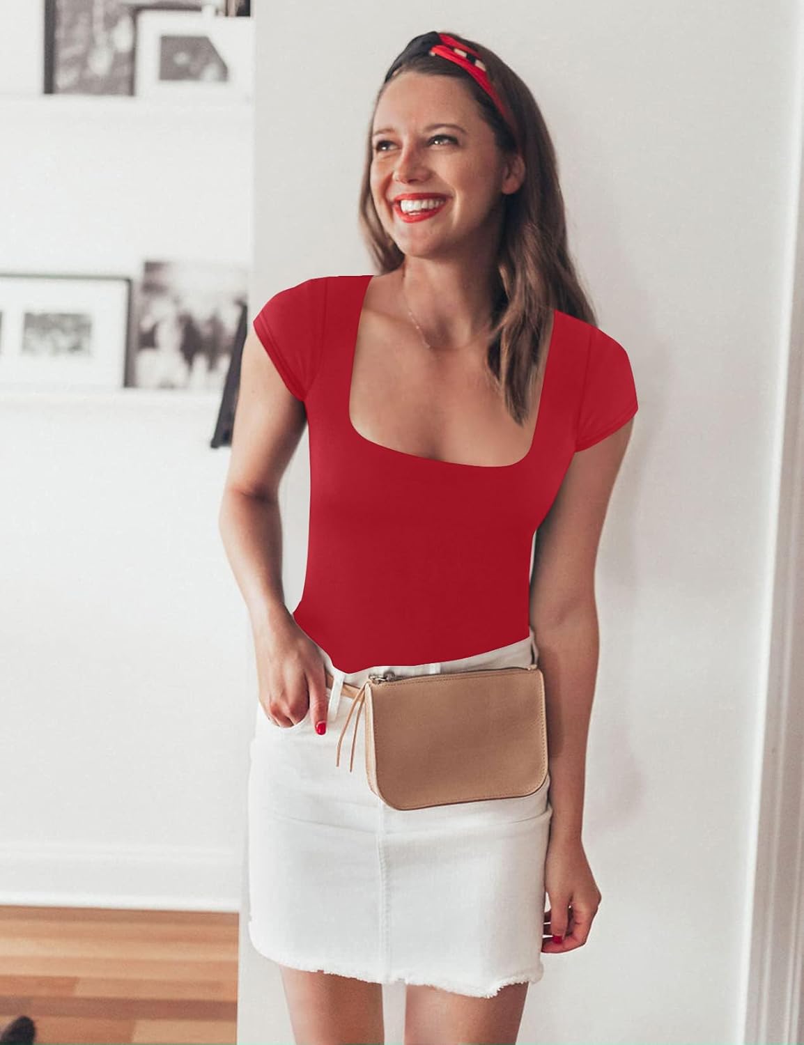 Chunpin Women's Sexy Square Neck Short Sleeve Bodysuit Tops Double Lined Slim Fitted Thong Body suit - Image 3