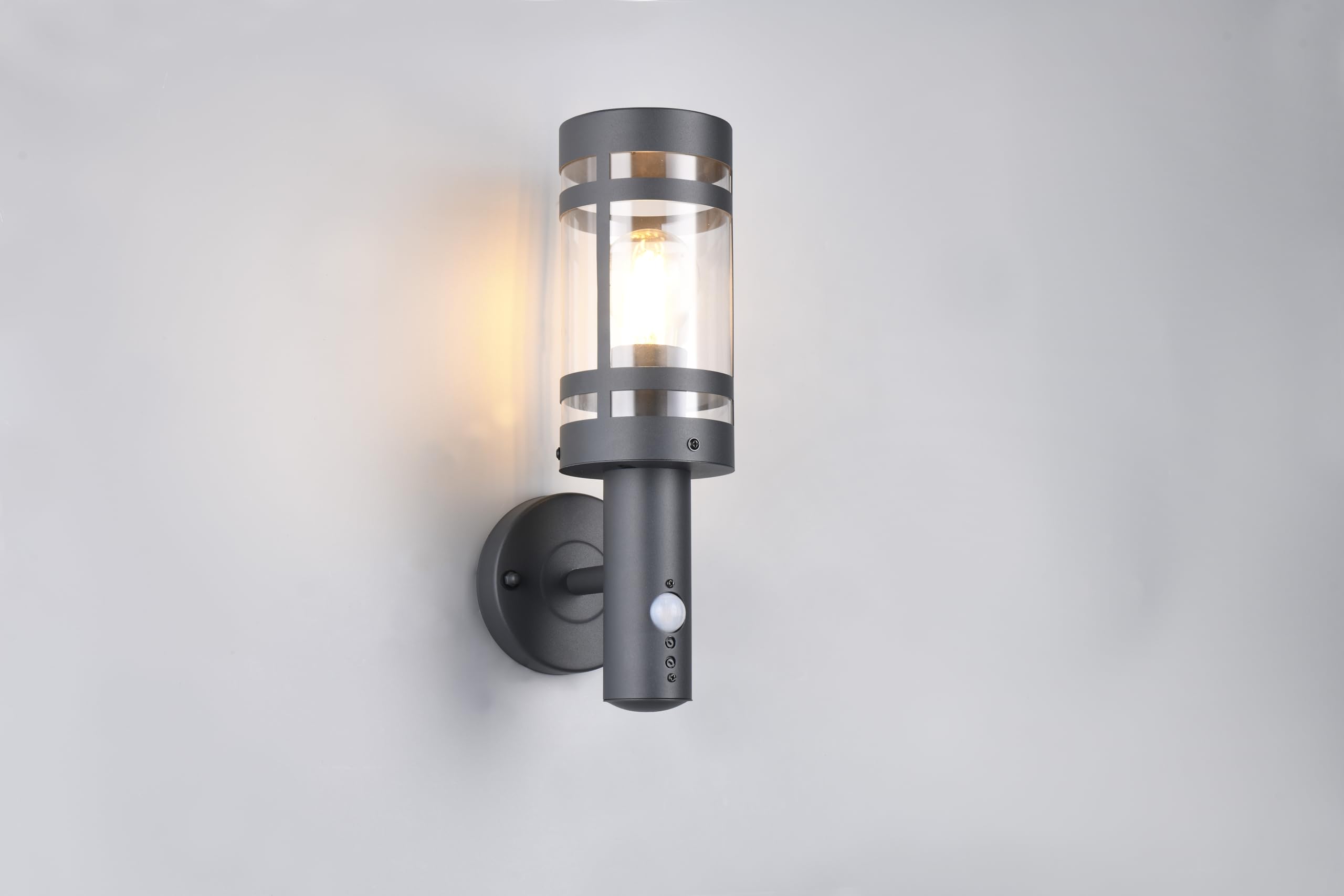 Reality Leuchten Paloma R21719142 - Lampada da parete per esterni, in metallo antracite, paralume in plastica trasparente, 1 x E27, sensore di movimento