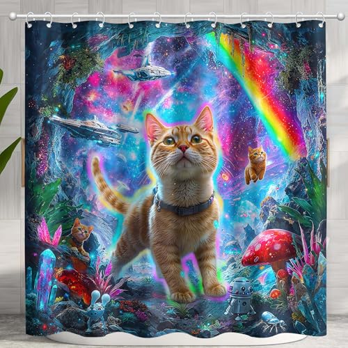 Wegklazax Space Cat Shower Curtain Set Cosmic Adventure Waterproof Bathroom
