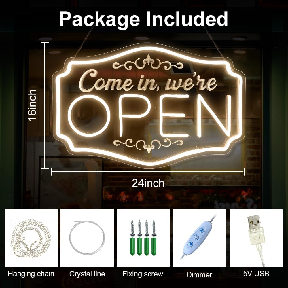 open signs for business - neon sign for business ultra bright led, warm white neon open sign with on/off switch, advertisment board for bars, stores, coffee shop, hotel, window, outdoor 24" x 16"