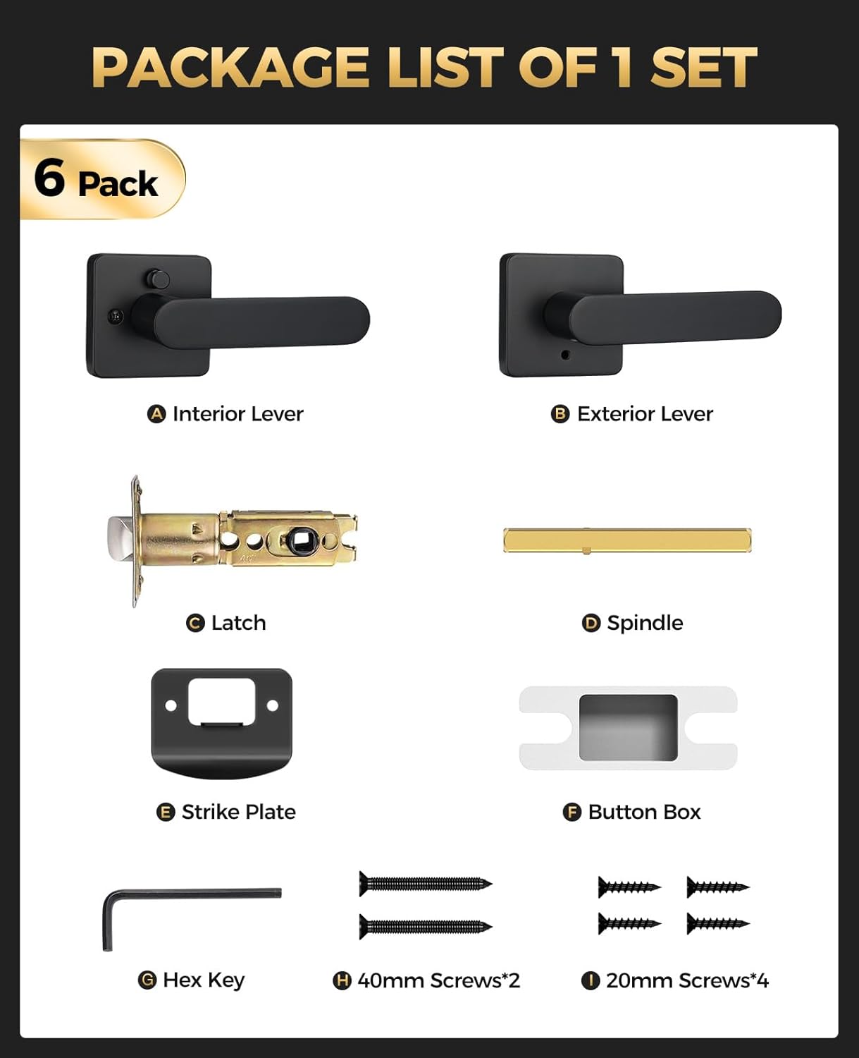 Matte Black Door Handles Interior with Lock, Zinc Alloy Privacy Door Locks Interior for Bedroom & Bathroom, Heavy Duty Modern Keyless Lever, Reversible for Left or Right-Handed, 6 Pack