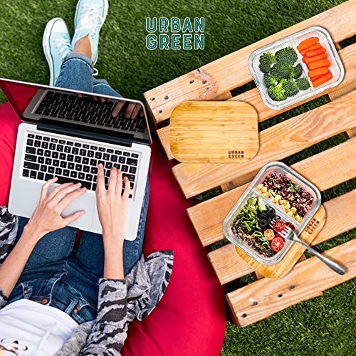 Glass Containers Bamboo Lids, Urban Green, Meal Prep Containers, Glass Food Storage Containers, 2 Compartments, Pantry And Kitchen Organizer, Lunch Bento Box, Microwave-Freezer-Oven Safe, Set Of 3, #TOP5