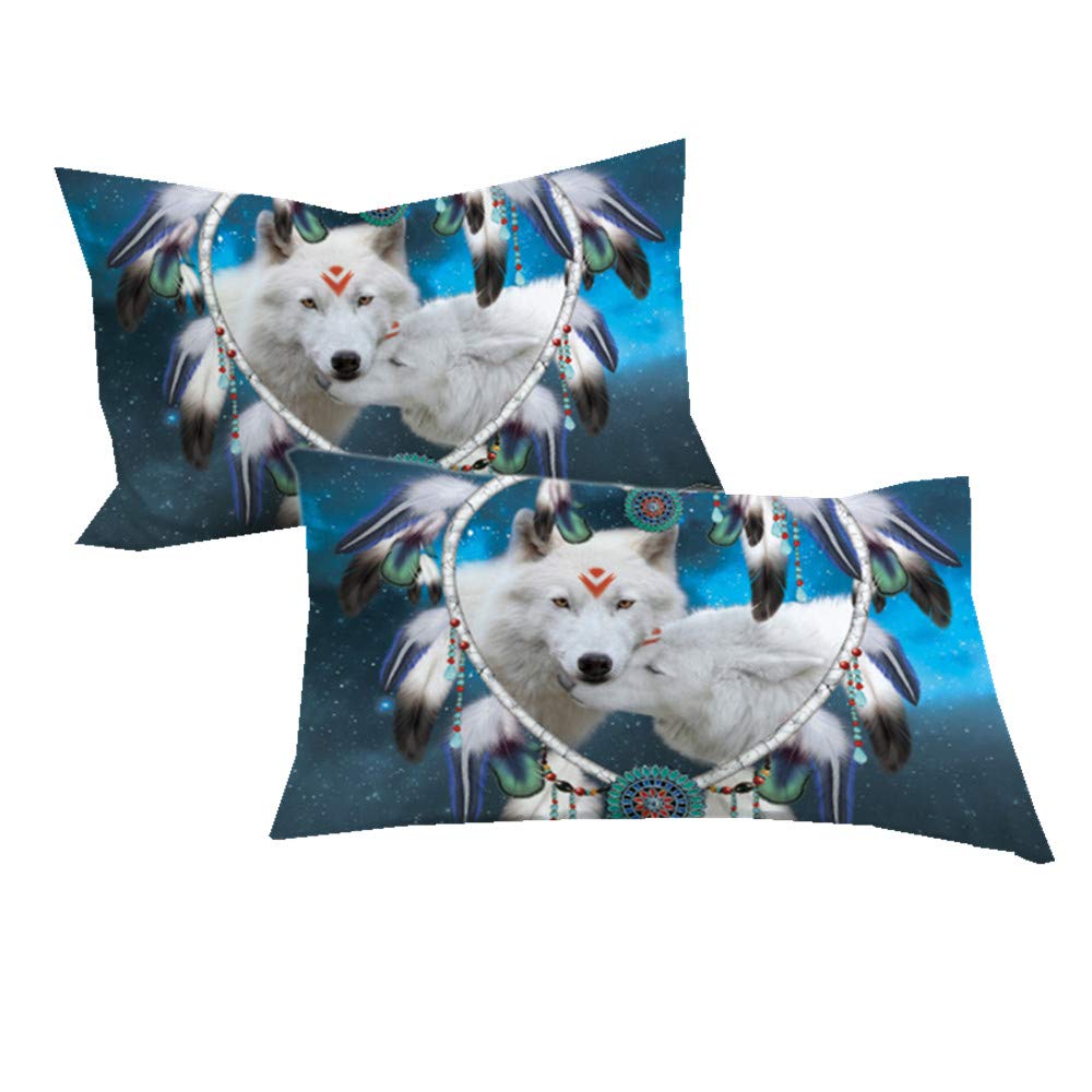 Sticker superb Bohemia Mandala Galaxy White Wolf Animal Love Pillow Cover, 3D Husky Dog Black Blue Dream Catcher Pillow Case Man Woman (Couple Wolf, 2 x Pillow Case)