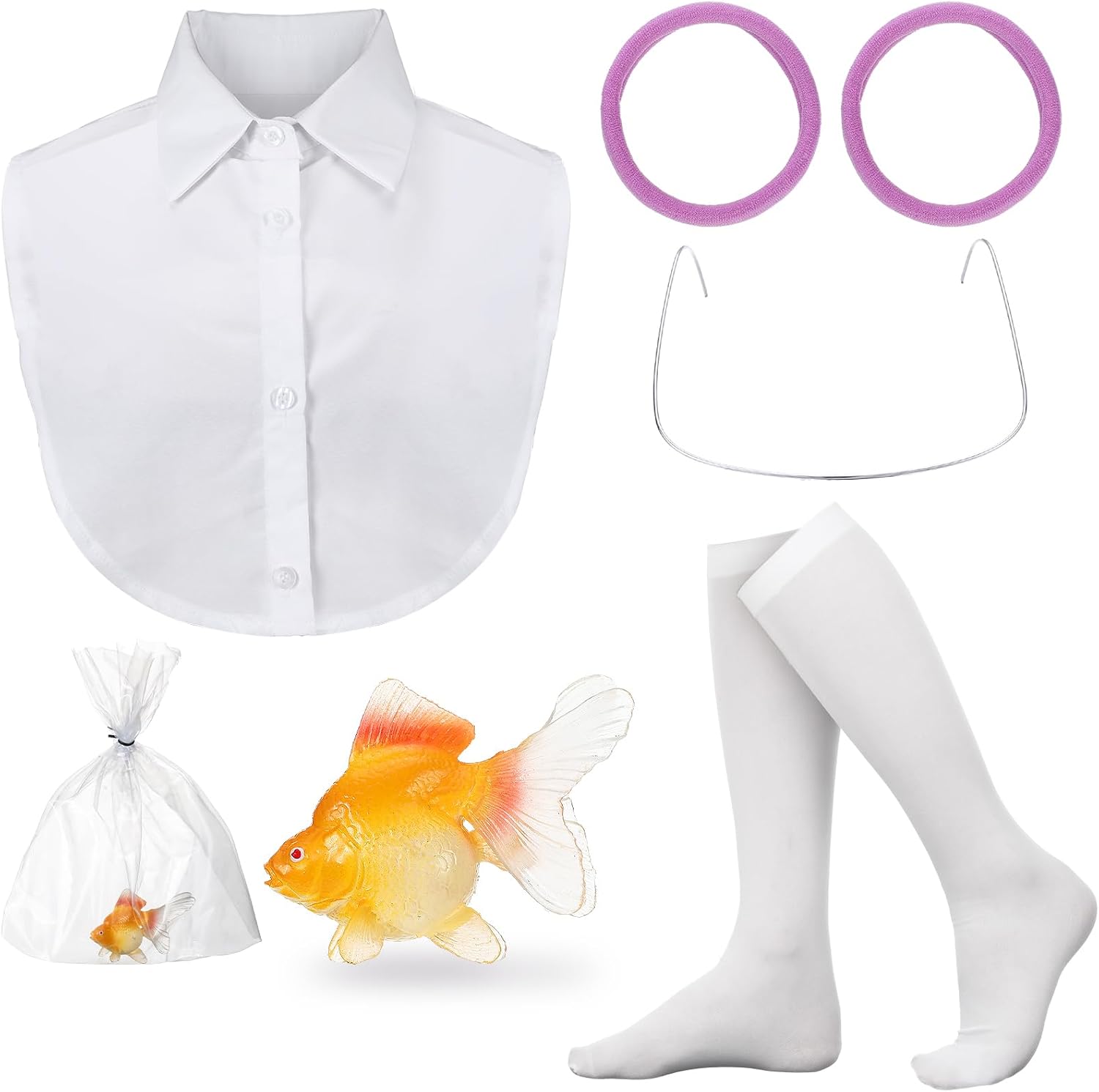 Maiteenly 7 Pcs Halloween Women Costume Kit Include Women Collar White Knee High Socks Purple Hair Ties Plastic Goldfish Fake Braces Plastic Bag Adult Women's Costume for Women