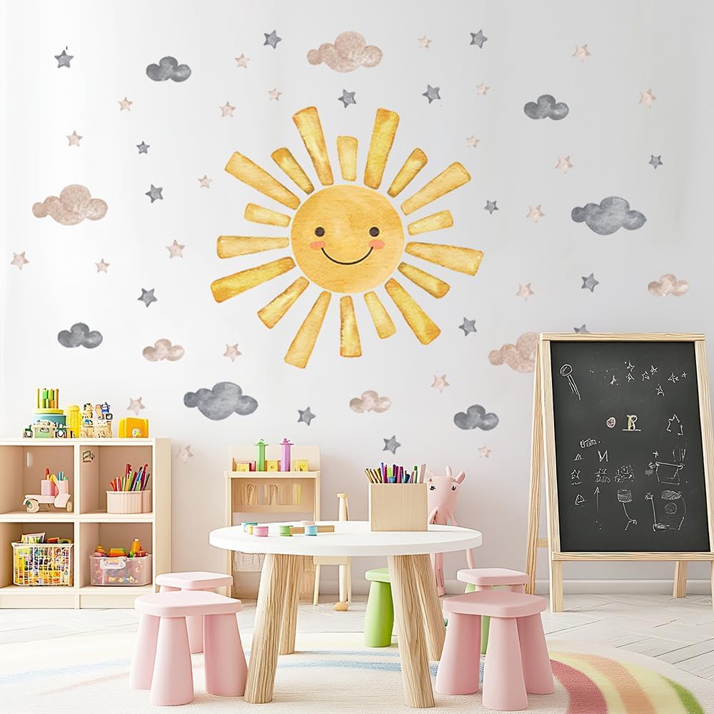 Large Sun Wall Decal 65 x 74.8 Inches, 12 Sheets Giant Sun Wall Sticker, Removable Kids Wall Decals for Playroom, Classroom, Toddler & Daycare Wall Decor