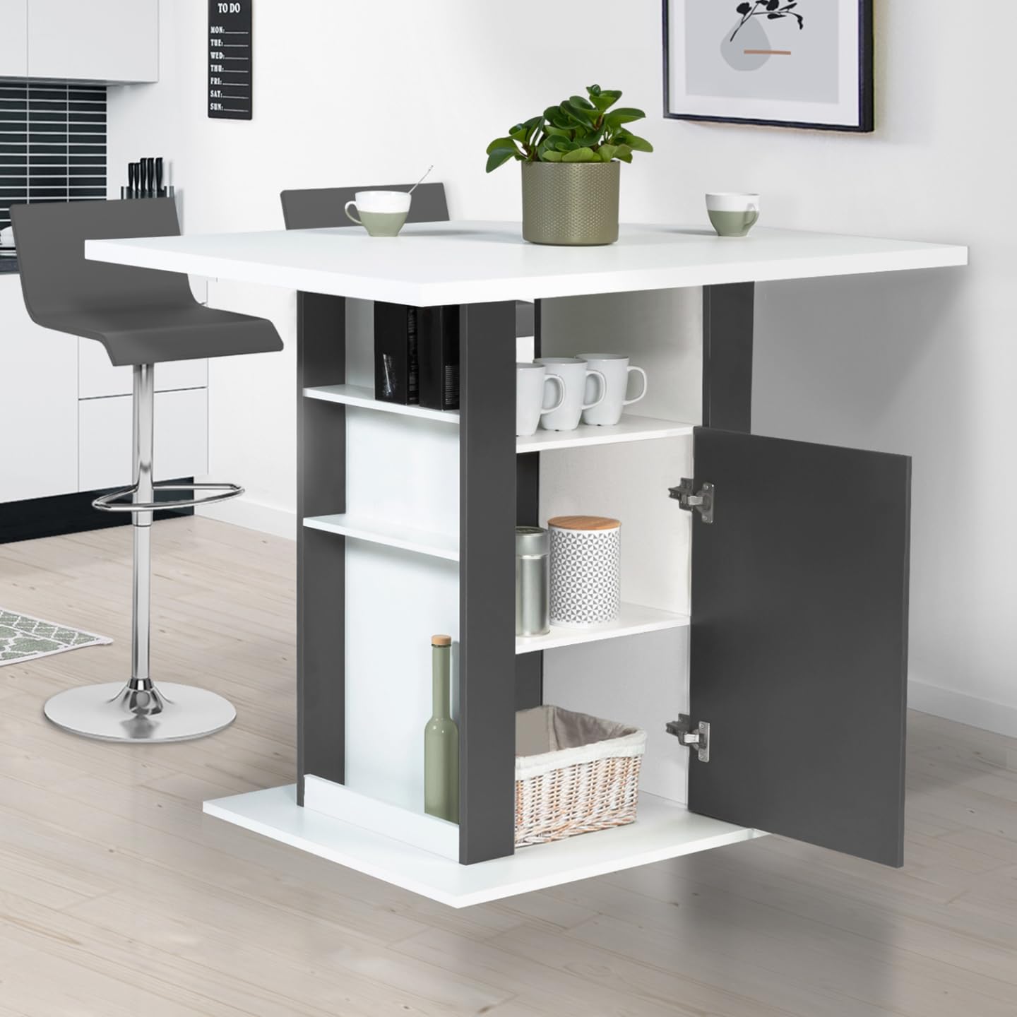 IDMarket - Ilot Central UGO 110 cm Bois Blanc et Gris avec rangements