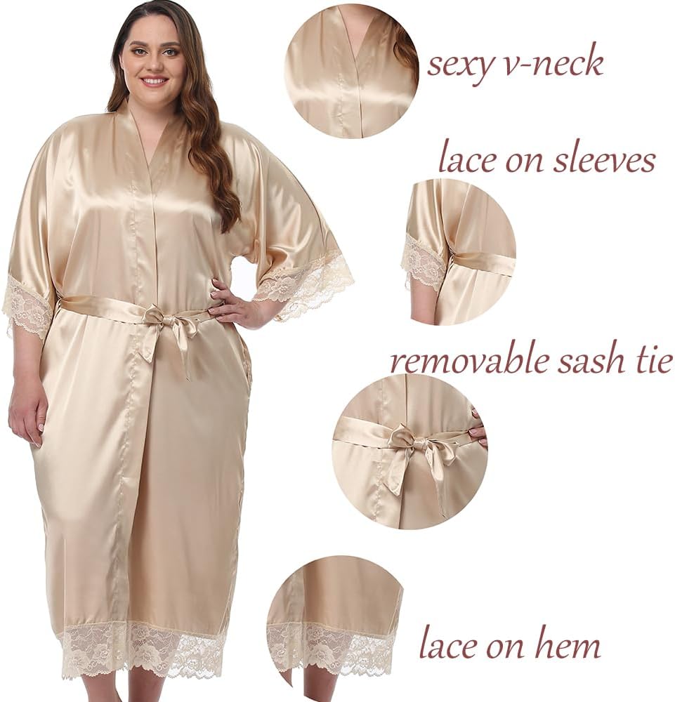 Long Kimono Robes Women Satin Sleepwear Silky Lace-trim Robe Plus Size Silk Bathrobe Lightweight Cover Up - Image 4