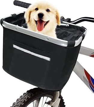 URBEST Bike Basket Pets Cat Dog Folding Carrier,Removable Bicycle Handlebar Front Basket, Quick Release and Easy to Install,Detachable Cycling Bag Black Upgrade