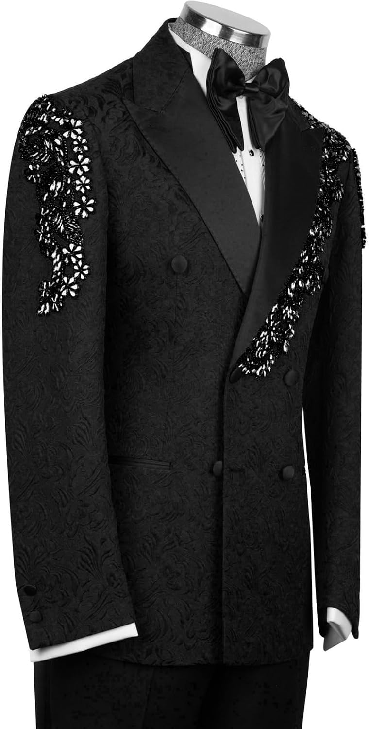 Mens 2 Pieces Floral Jacquard Suit with Rhinestone Double Breasted Peaked Lapel Jacket Pant for Prom Party Dinner