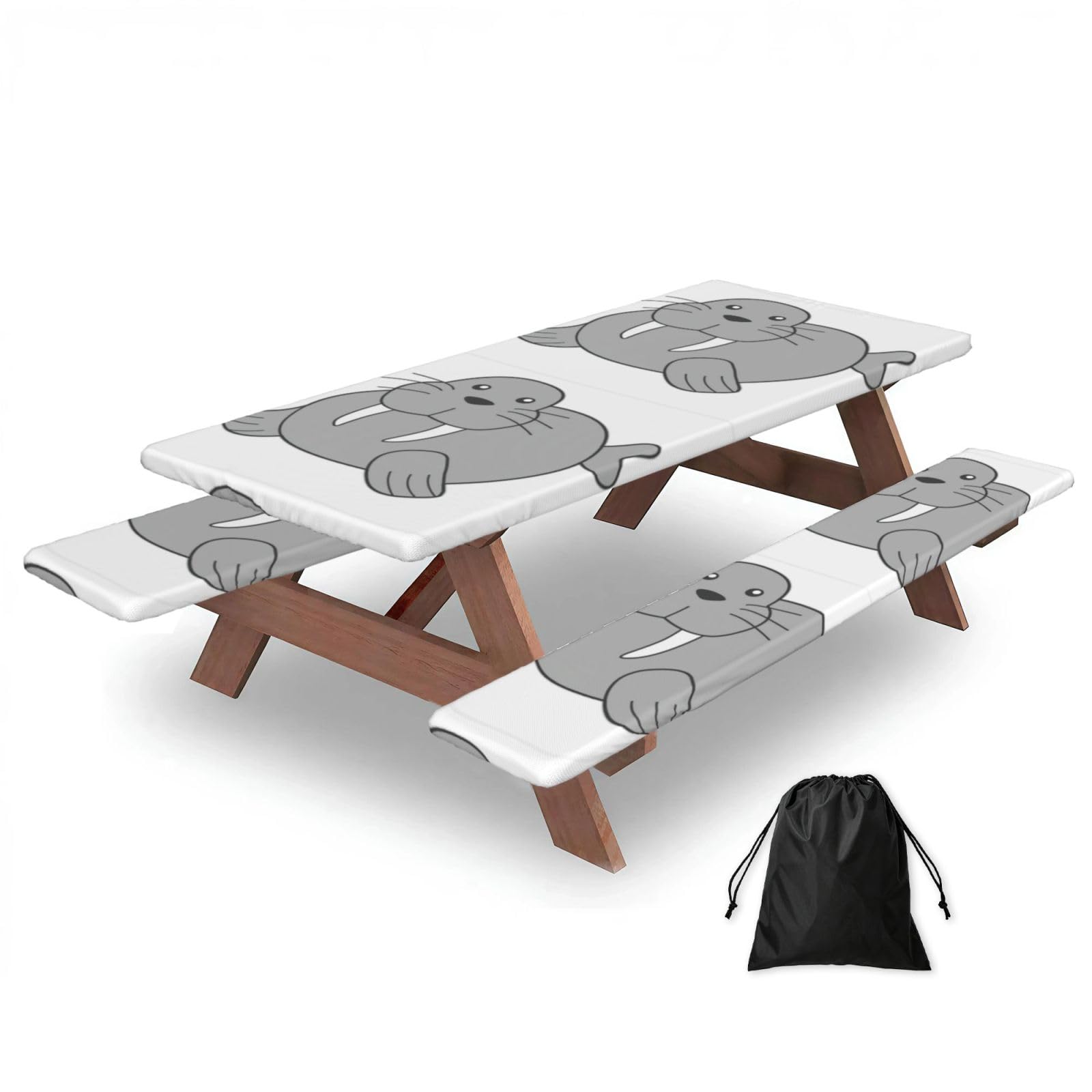 Duwaa Black Walrus Print 183Cm Picnic Table Cover With Bench Covers, Waterproof Elastic Tablecloth Set For Outdoor