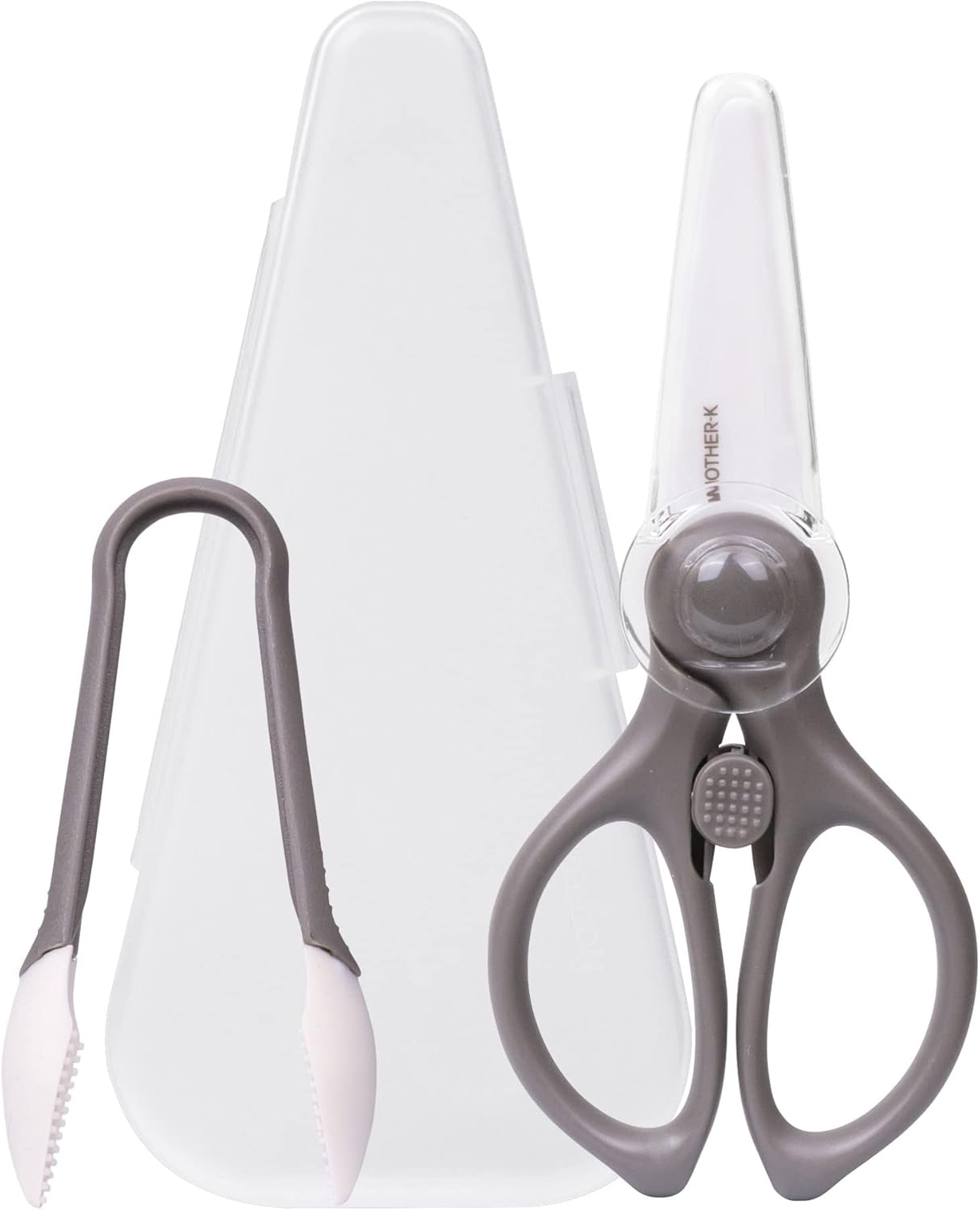 MOTHER-K Portable Ceramic Scissors with Tongs Set, Ceramic Scissors for Baby Food with Protective Blade Cover and Portable Case, Safety Lock (GREY)