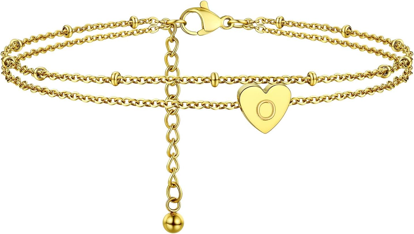 Bracelet De Cheville Double Chaîne Plaqué Or - Charme Cœur Et Lettre - Ajustable 22+5 Cm - Cadeau Femme