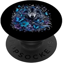 Blue Wolf with Butterflies Floral Nature Spirit PopSockets Adhesive PopGrip