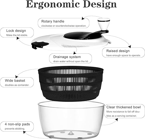 Miniatura 4 de Ourokhome Lavadora de secadora giratoria de ensalada, manivela grande con cuenco y colador, fácil de limpiar, lavar, secar verduras, frutas,