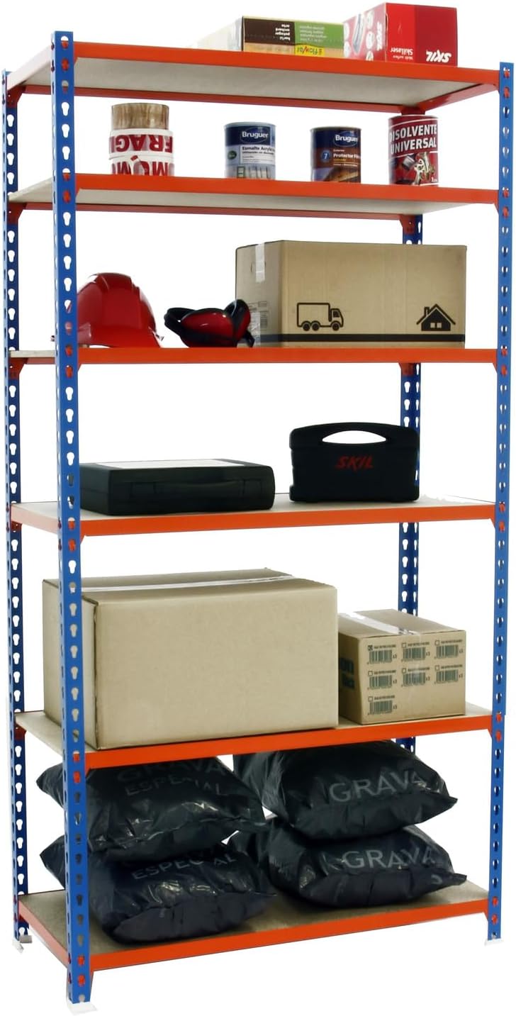 Simon Rack Metal Shelf, 2500x900x300 mm, 6 Heights, Wood Tray, 150 kg Flex Point, Storage Shelf, Blue/Orange/Wood - Maderclick