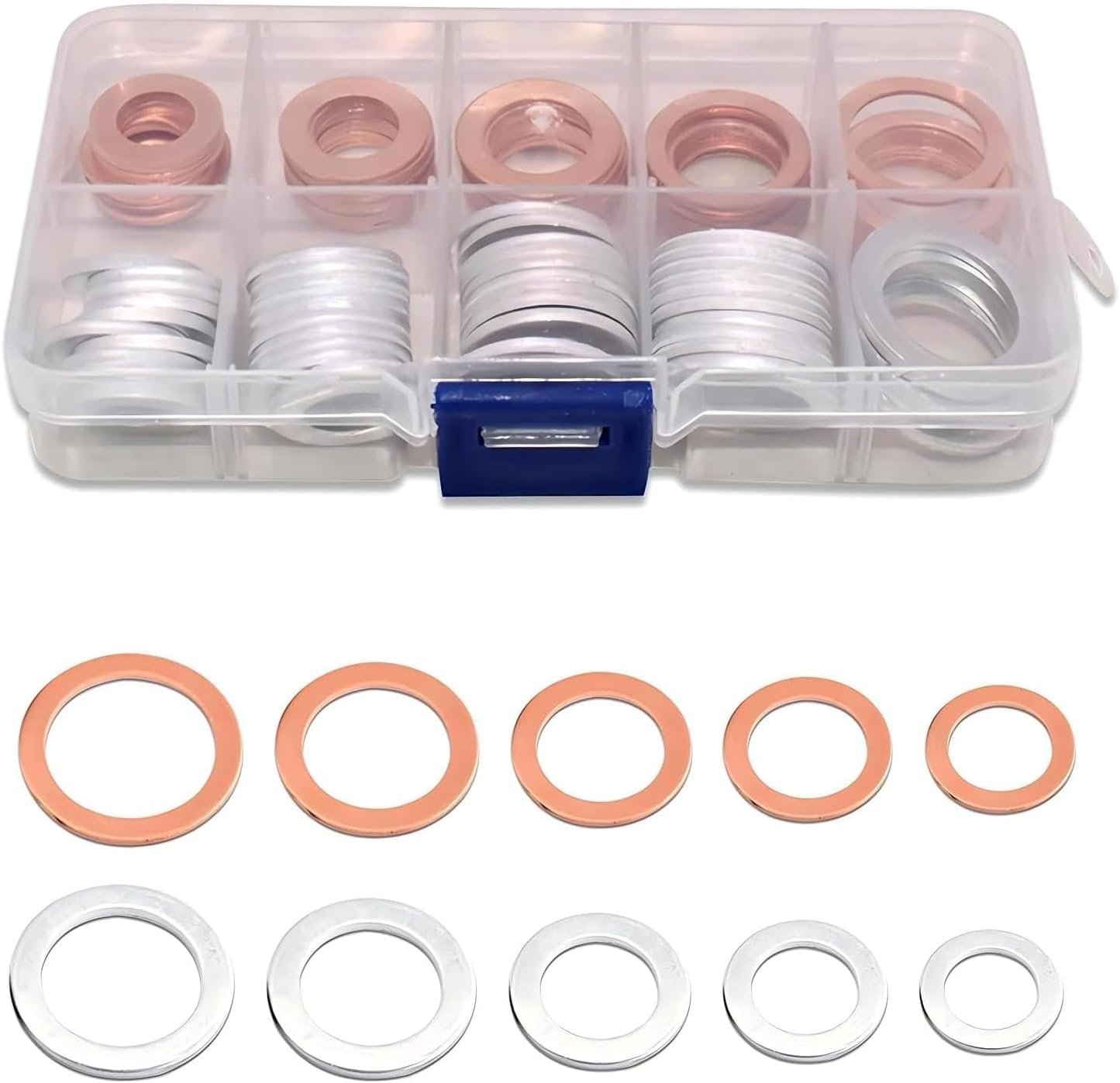100 PCS Oil Drain Plug Crush Washer Gaskets, M10 M12 M14 M16 M18 Mixed Oil Drain Plug Gasket Assortment, 5 Sizes Seal Crush Washer Kit with Storage Case, for Most Vehicles (Gold)