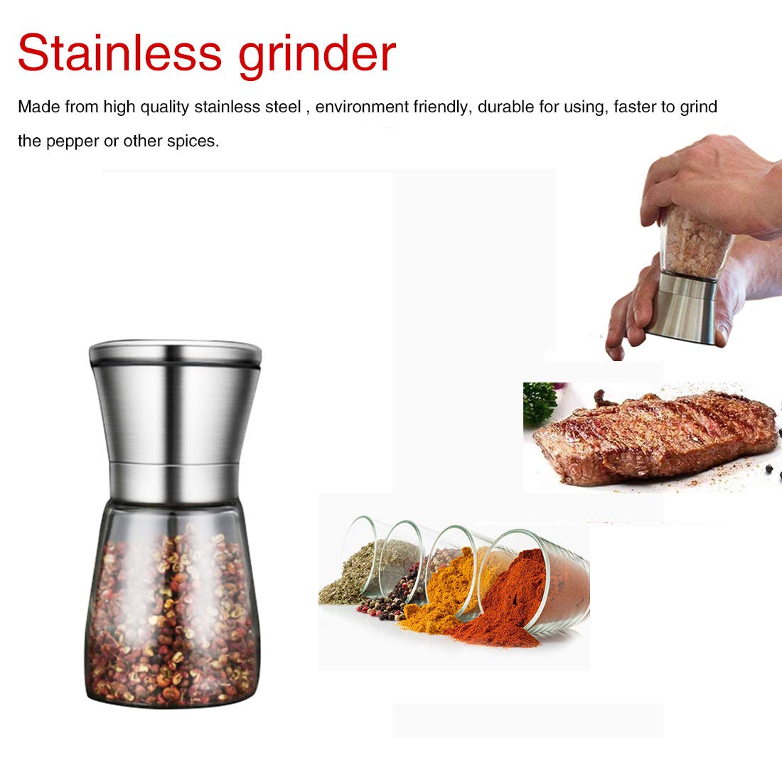 Stainless Steel Salt and Pepper Grinders Salt Shakers Adjustable Coarseness for Sea Salt Pepper Spices Mill — Amazon image 2