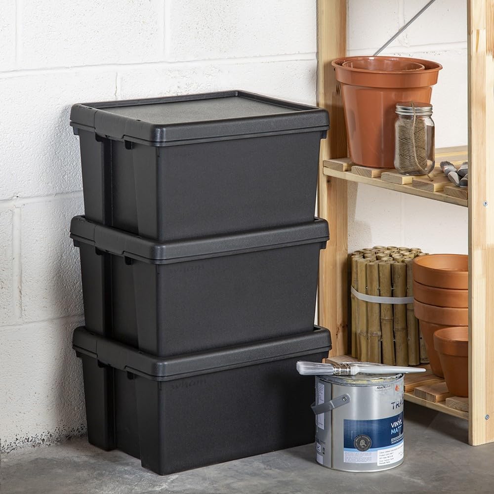Box and beyond – Caja de almacenamiento – 40 x 59,5 x 37 cm – 62 l – Plástico negro – Almacenamiento, herramientas, bricolaje, ultra resistente, reutilizable, garaje o sótano, lavadero