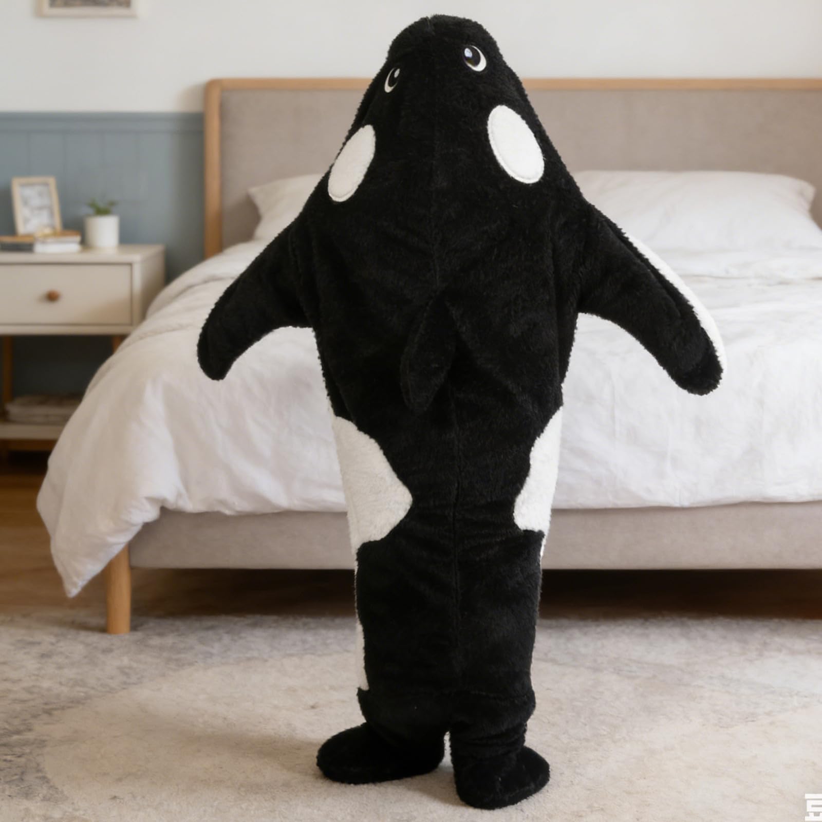 FRCOLOR Pigiama Intero Versatile e Facile da Indossare in Peluche Donna Nero Cappuccio a Forma di Balena Cartoon per Serate Accoglienti Invernali