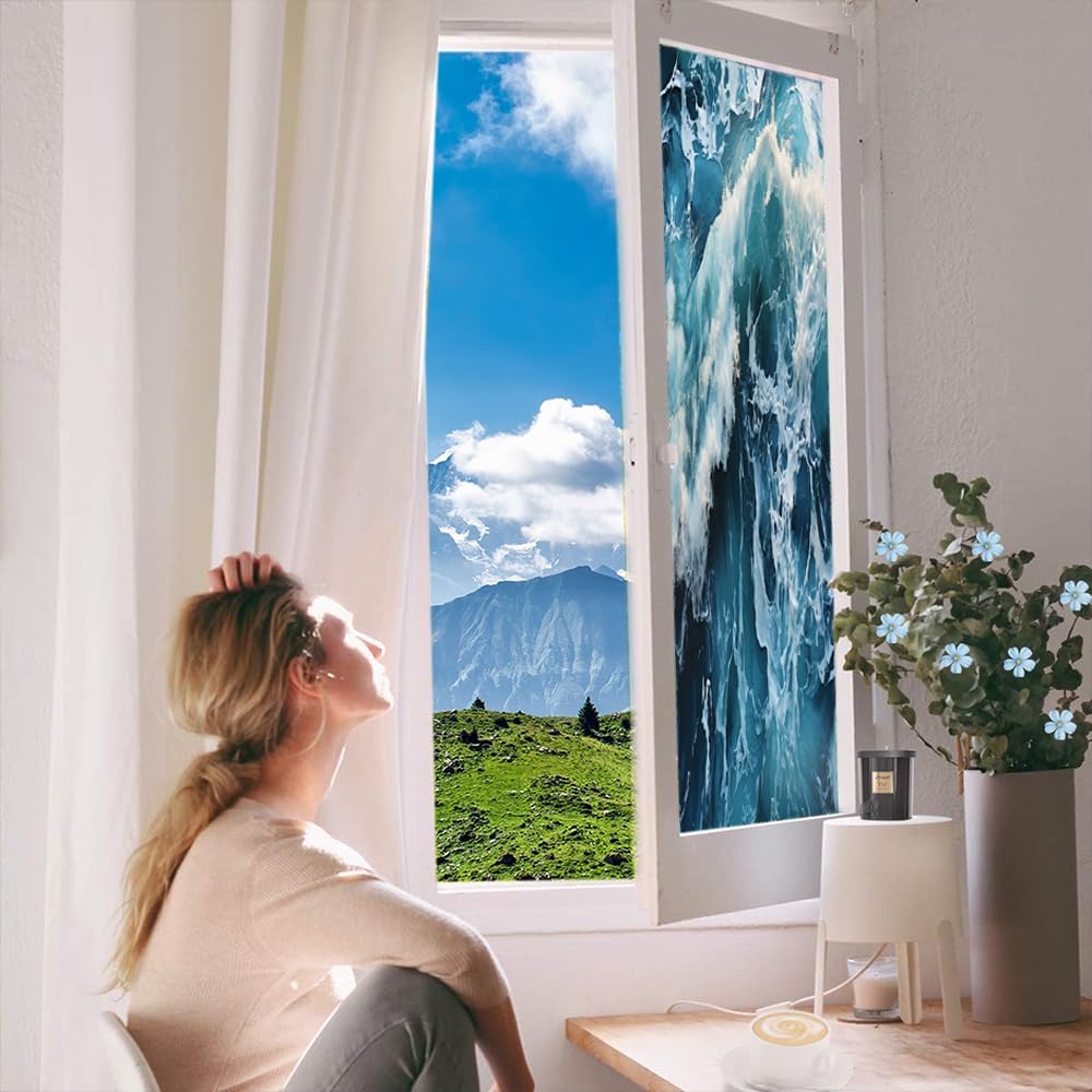 Abstract Waves Window Film Privacy Blue Ocean Natural Landscape Decorative Stained Glass Decal for Home, Adhesive Window Sticker 31.5Wx47.2L inch