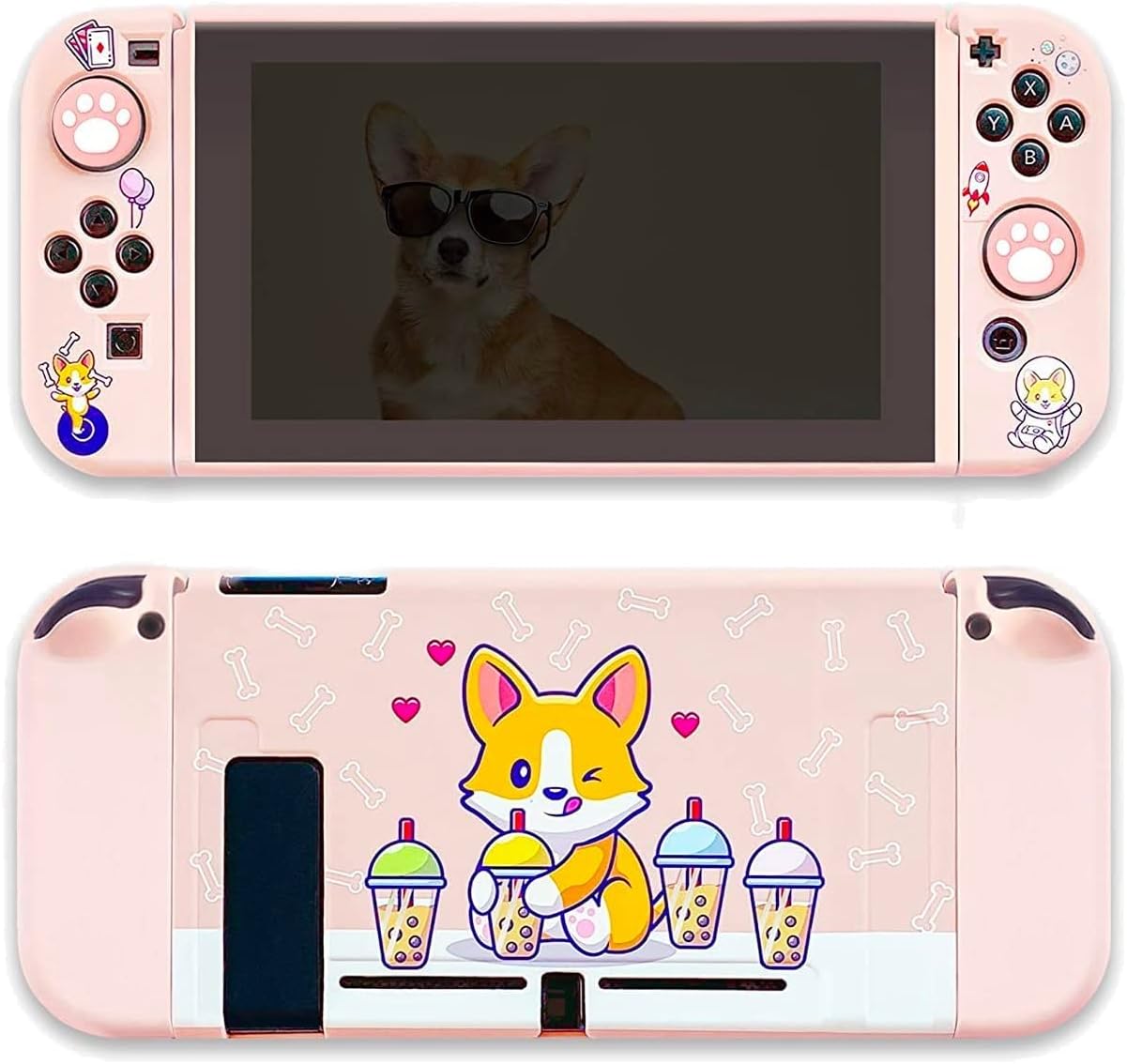 BelugaDesign Corgi Boba Switch Bundle | Cute Kawaii Dog Bubble Tea Pastel Pet Case | Cover Shell with Thumb Grips Compatible with Nintendo Switch 1 (Switch Standard, Pink)