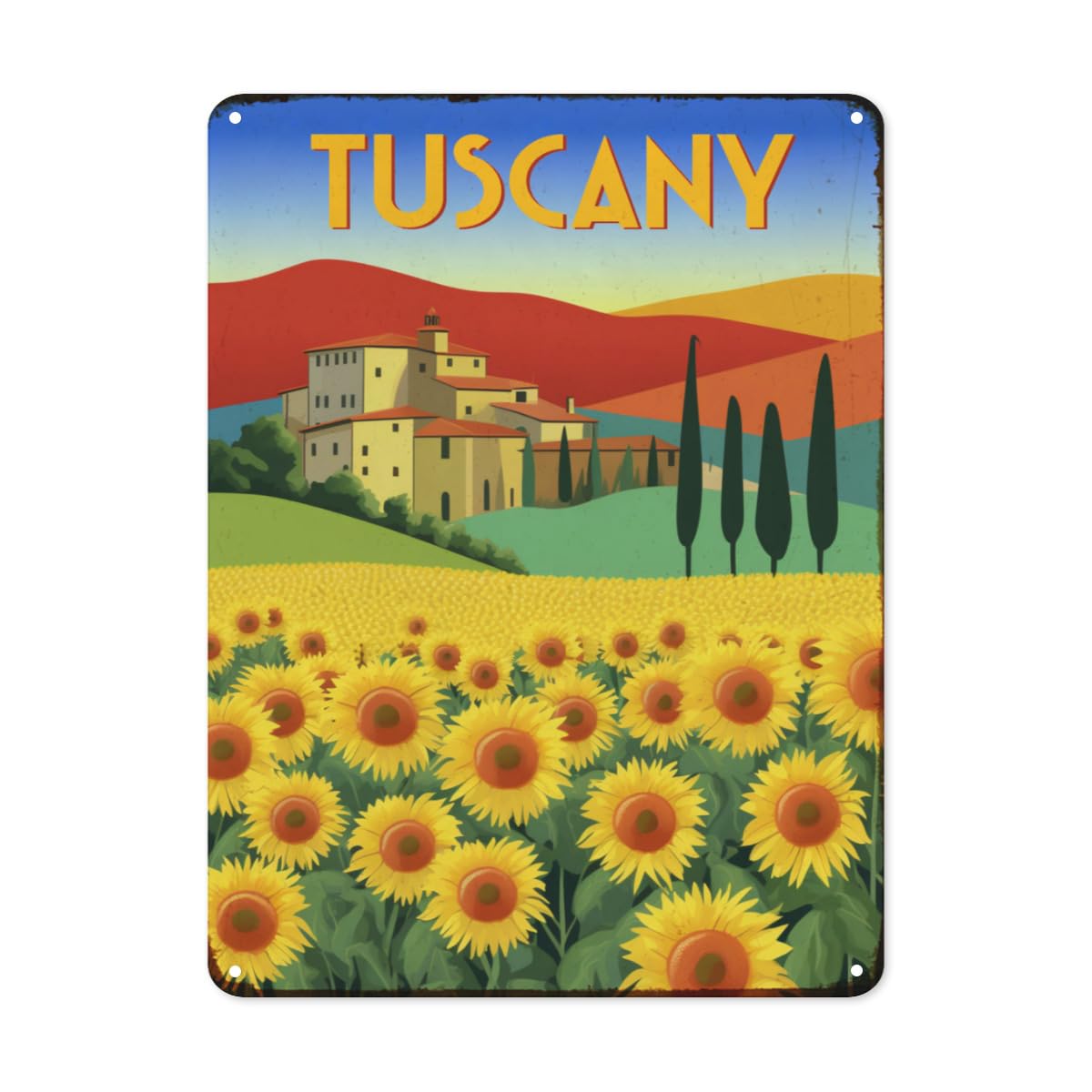 peiyeety Summer Day in Tuscany Italy Tin Sign Travel Scenery Poster Retro Wall Decor Bedroom Metal Signs for Home Vintage Wall Art Poster Kitchen Bar Office Decor 8x12inch
