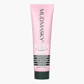 MUDMASKY Pearl Polish Superglow Pink Clay Mask 2.0 OZ - Mask-To-Scrub, MADE IN FRANCE, Made with A+ Grade AUSTRALIAN CLAY and bursting vitamin oil pearls