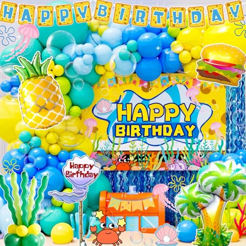 Sponge Birthday Decorations 153pcs Party Decor Kits - Latex Balloons & Arch Kits, Large Foil Balloons, Backdrop, Fringe Curtain, Happy Birthday Banner, Sponge Esponja Decoracion Fiesta