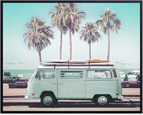 Summer Beach House Wall Art Decor - Surf Volkswagen Kombi Camper Van Photo for Ocean Home, Living Room, Bedroom, Bathroom - Vintage Tropical Themed