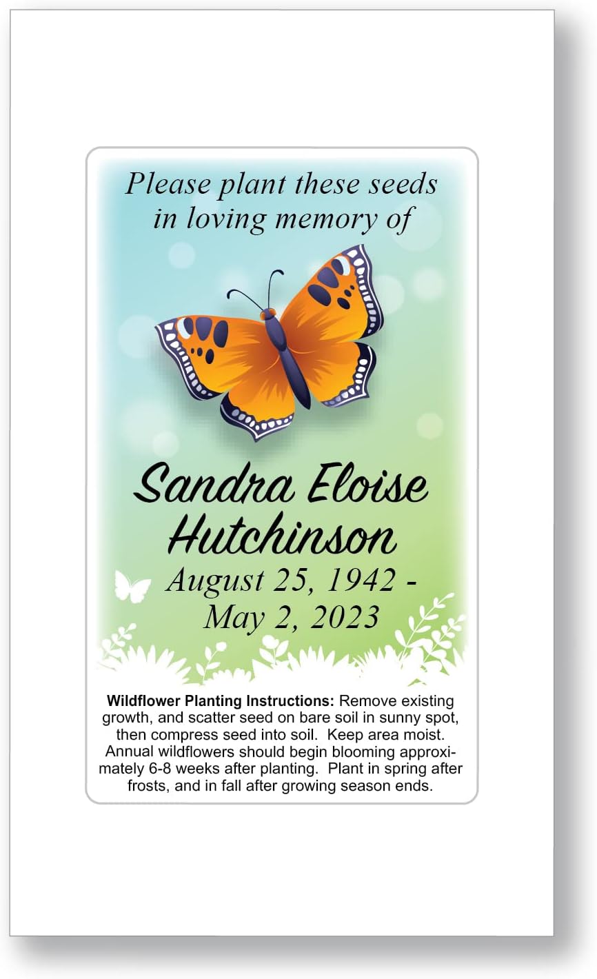 50 Personalized Butterfly Memorial Funeral Wildflower Seed Packets Favors Remembrance Celebration of Life