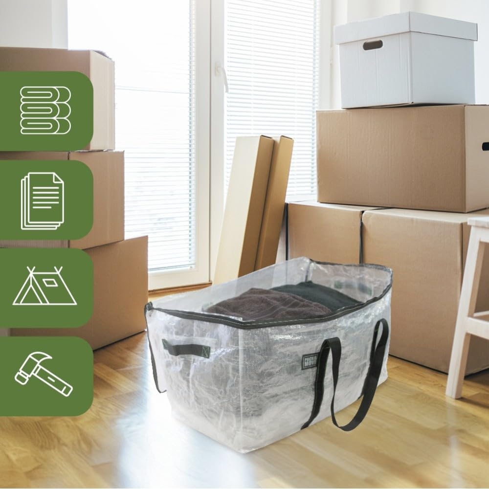 Pack and Move - Zestaw 6 przezroczystych toreb do przeprowadzki, 70 x 35 x 42 cm, do przeprowadzki i transportu, bardzo wytrzymały, wielokrotnego użytku, 100 l