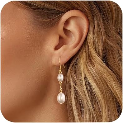14K Gold Pearl Dangle Earrings for Women Double Pearl Drop Earrings Gold and Silver Leverback Irregular Pearl Hypoallergenic Earrings