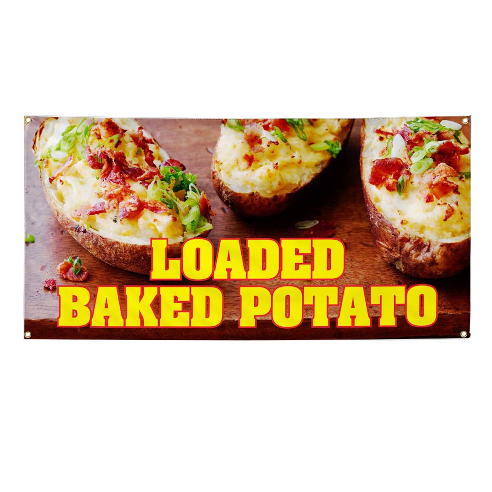 Vinyl Banner Multiple Sizes Loaded Baked Potato Restaurant Cafe Bar B Business Outdoor Weatherproof Industrial Yard Signs Brown 4 Grommets 24x36Inches