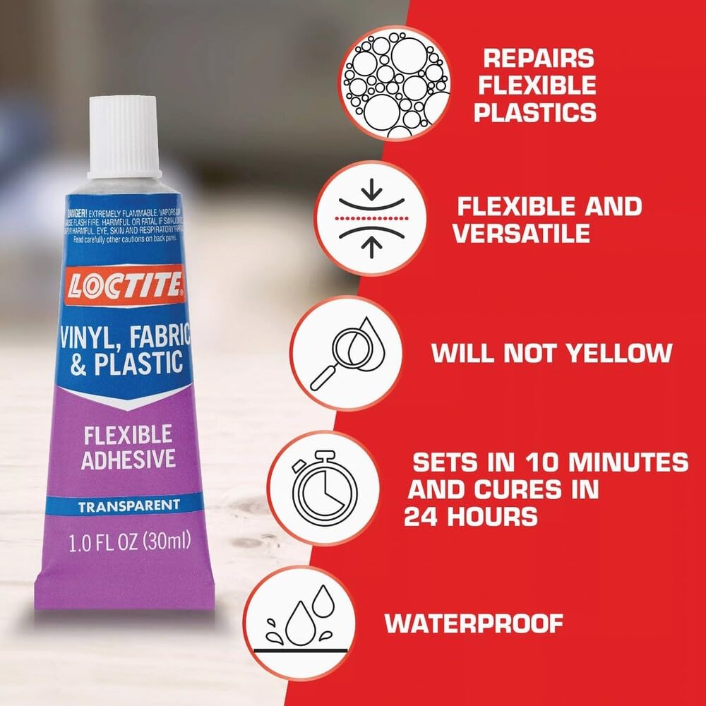 Loctite Vinyl Fabric & Plastic Repair Flexible Adhesive, clear liquid adhesive ideal for repairing vinyl seats, cushions, tarps, and outdoor gear, highly flexible to withstand bending and torsion product image 4