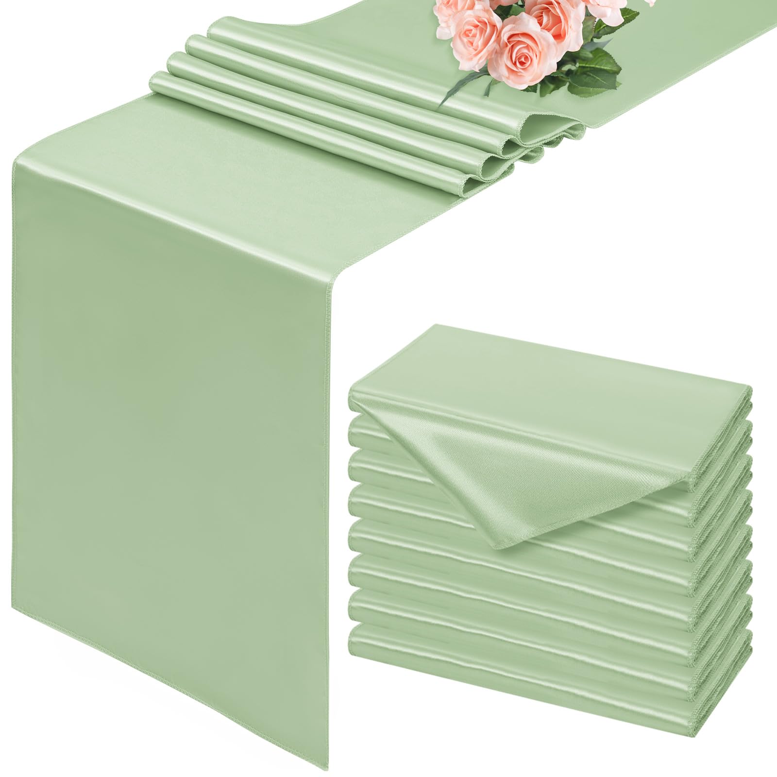 8 Pack Sage Green Table Runner, 30 x 183 CM Satin Table Runner, Smooth Silk Table Runners for Dining Table, Wedding, Party, Banquet, Events, Graduations, Engagements