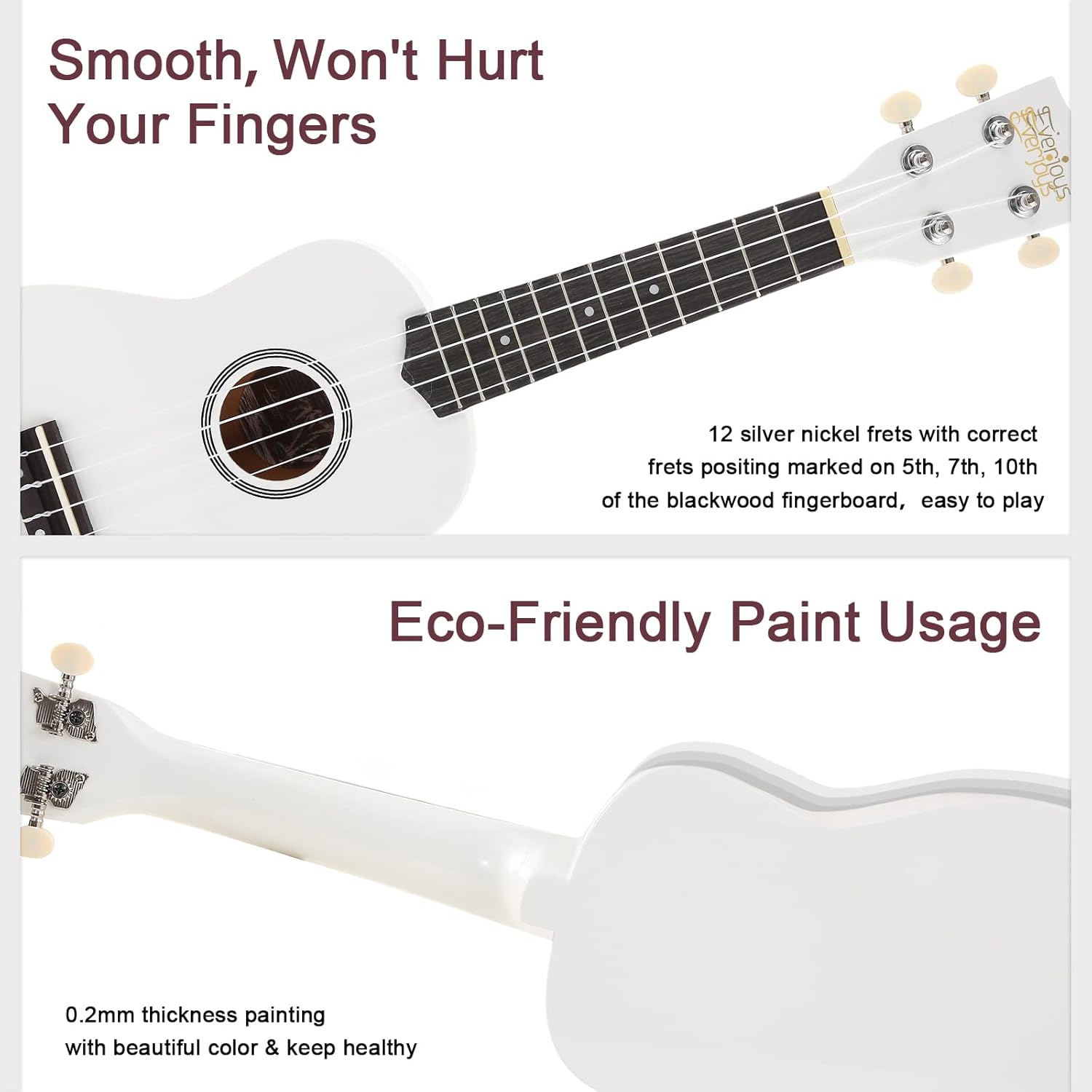 Everjoys Soprano Ukulele Beginner Pack-21 Inch w/Free Online Lesson Gig Bag Digital Tuner Pick All in One Kit (Shinny White）