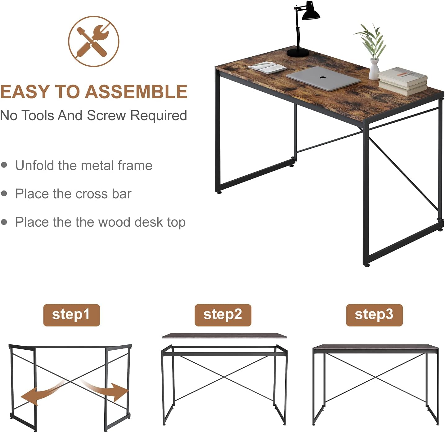 Computer Desk Foldable Home Office Table, Portable Study Writing Desk | NO Tools Required | Modern Simple Laptop Work Desk Gaming Table, for Small Spaces/Bedroom/Living Room (Brown, 47 Inch)