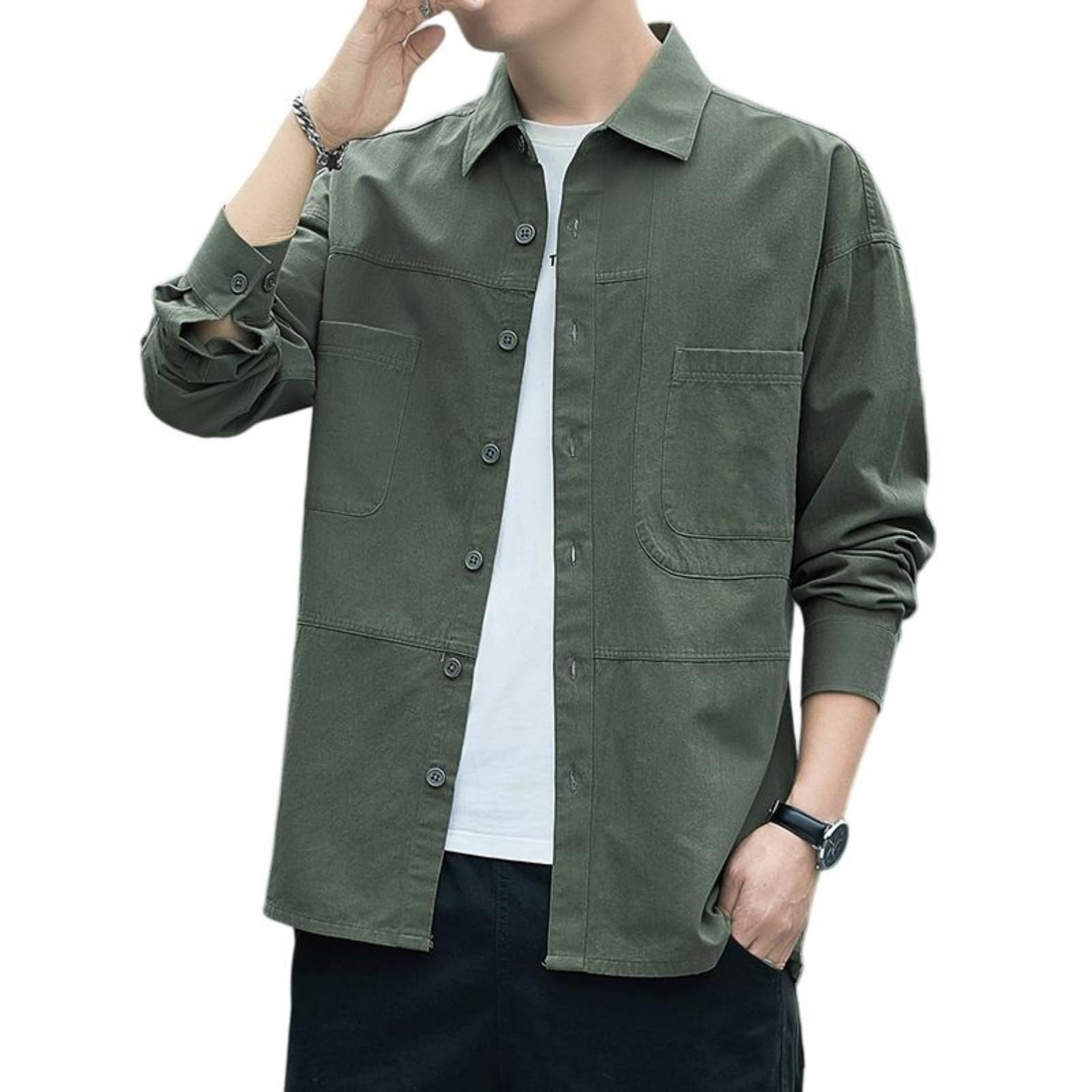 Camicia da lavoro da uomo in stile vintage, a maniche lunghe, leggera, vestibilità comoda per l'uso quotidiano