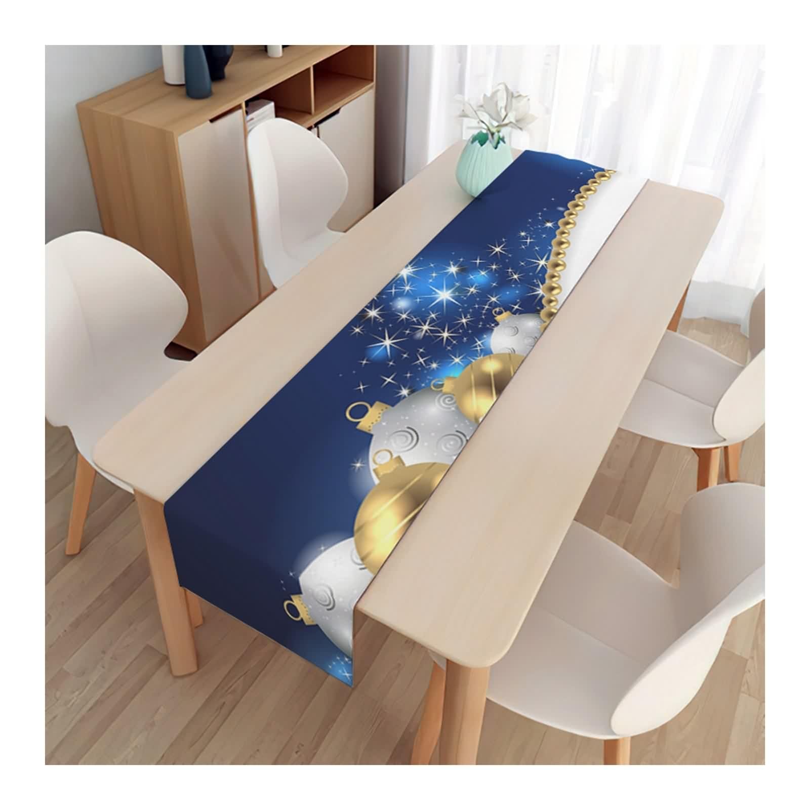 Camino de mesa de Navidad, camino de mesa de otoño, color azul, dorado, blanco, decoración de mesa de boda, 13 x 71 pulgadas