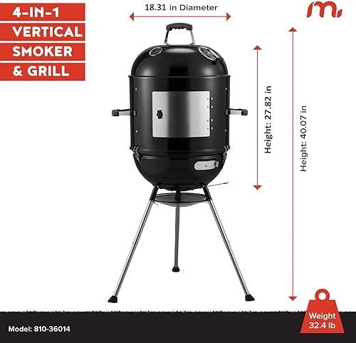Miniatura 4 de Megamaster Ahumador vertical para barbacoa de carbón de 18 pulgadas, parrilla portátil 4 en 1 para exteriores con ventilación de aire ajustable, 600