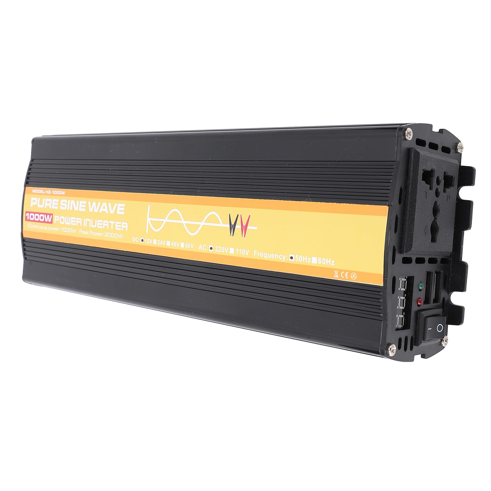 Greensen Falownik Sinusoidalny o Mocy 1000 W, Samochodowy Falownik Solarny ABS DC 12 V z Wyświetlaczem LCD, Moc Szczytowa 2000 W, Dwa Porty USB, Gniazdko Sieciowe, Wskaźniki LED do Wycieczek